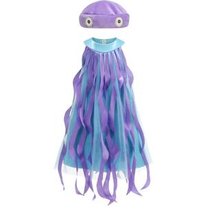 HAPNBCELE Girls Jellyfish Costume, Ocean Animal Halloween Christmas Birthday Dress Tutu Outfits with Headpiece, Blue, X-Large, (9-10Years)