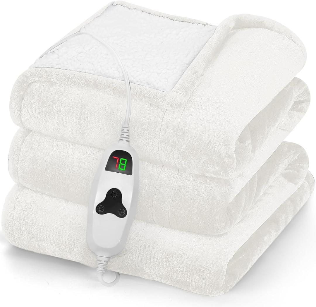 Greenoak Heated Blanket Electric Throw 50"X60", Heating Blankets with 10 Heat Levels 8 Hours Auto-Off, Soft Flannel Sherpa Fluffy House Warming Gifts for Grandma Seniors Mom,Pure White