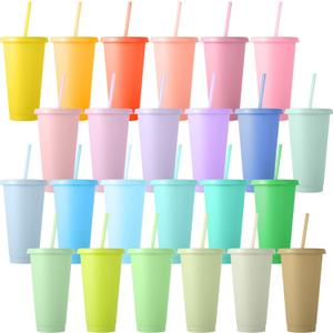 Dandat 24 Pcs Tumblers Bulk 24 oz Plastic Tumblers with Lids and Straws Reusable Skinny Cups Plastic Tumbler Bulk Colored Cups with Lids and Straws for Parties Birthday Gifts (Colorful)