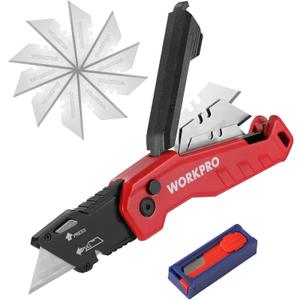 WORKPRO Folding Utility Knife, Quick Change Box Cutter, Razor Knife for Cartons, Cardboard, Boxes, Blade Storage in Aluminum Handle, 13 Extra Blades Included (Red)