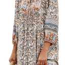 Bluetime Women Casual Summer Dress Boho V Neck 3/4 Sleeve Babydoll Floral Print Flowy Beach Dress, Size XL