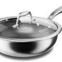 COOKER KING 12-Inch Hybrid Stainless Steel Wok with Lid, Nonstick Stir Fry Pan & Deep Frying Pan, Tri-Ply Clad Honeycomb Everyday Pan, Induction Ready, Oven & Dishwasher Safe, PFOA Free