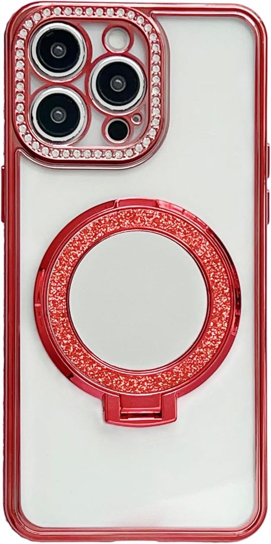 Caseative for iPhone 16 Pro Case,Glitter Bling Diamond Camera Frame Mirror with Stand Holder Magnetic Compatible with MagSafe Wireless Charging (Red,16 Pro)