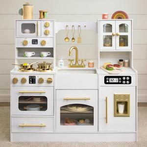 Wooden Play Kitchen with 12 Accessories, Ages 3+ Kids Toy Kitchen Playset, 15 inches x 8 inches x 38 inches