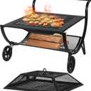Outdoor Fire Pit with Wheels and Log Rack, Portable Fireplace Wood Burning for Garden, Patio, and Backyard - Includes Mesh Screen and Fire Poker, Fire Pits & Outdoor Fireplaces