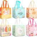 6PCS Happy Easter Egg Hunt Bags Easter Bunny Carrot Chick Egg Gift Bags with Handles, Easter Treat Bags, Multifunctional Non-Woven Bags for Gifts Wrapping, Egg Hunt Game, Easter Party Supplies, (Pink Green Blue Orange)