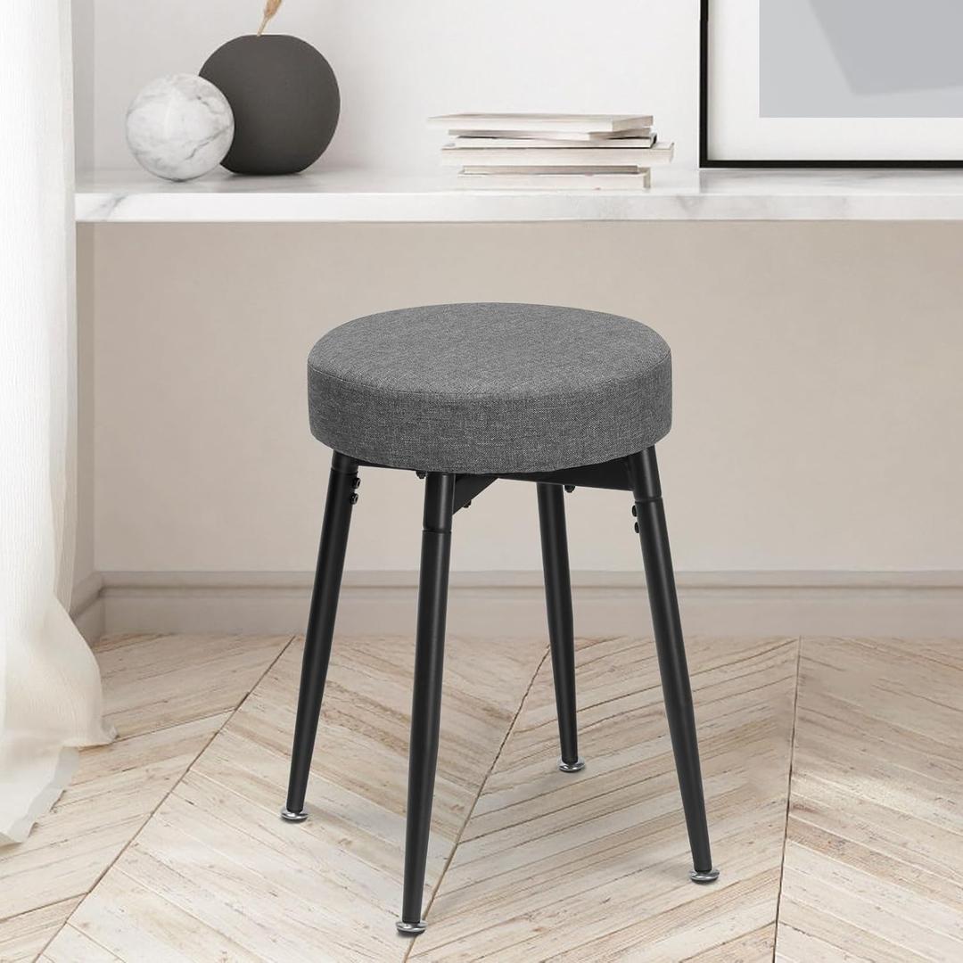 360 Swivel Vanity Stool, Vanity Chair Stools for Makeup Room, Round Linen Makeup Chair, Modern Small Ottoman Foot Rest Bench with Metal Legs for Living Room, Bedroom, Grey&Black