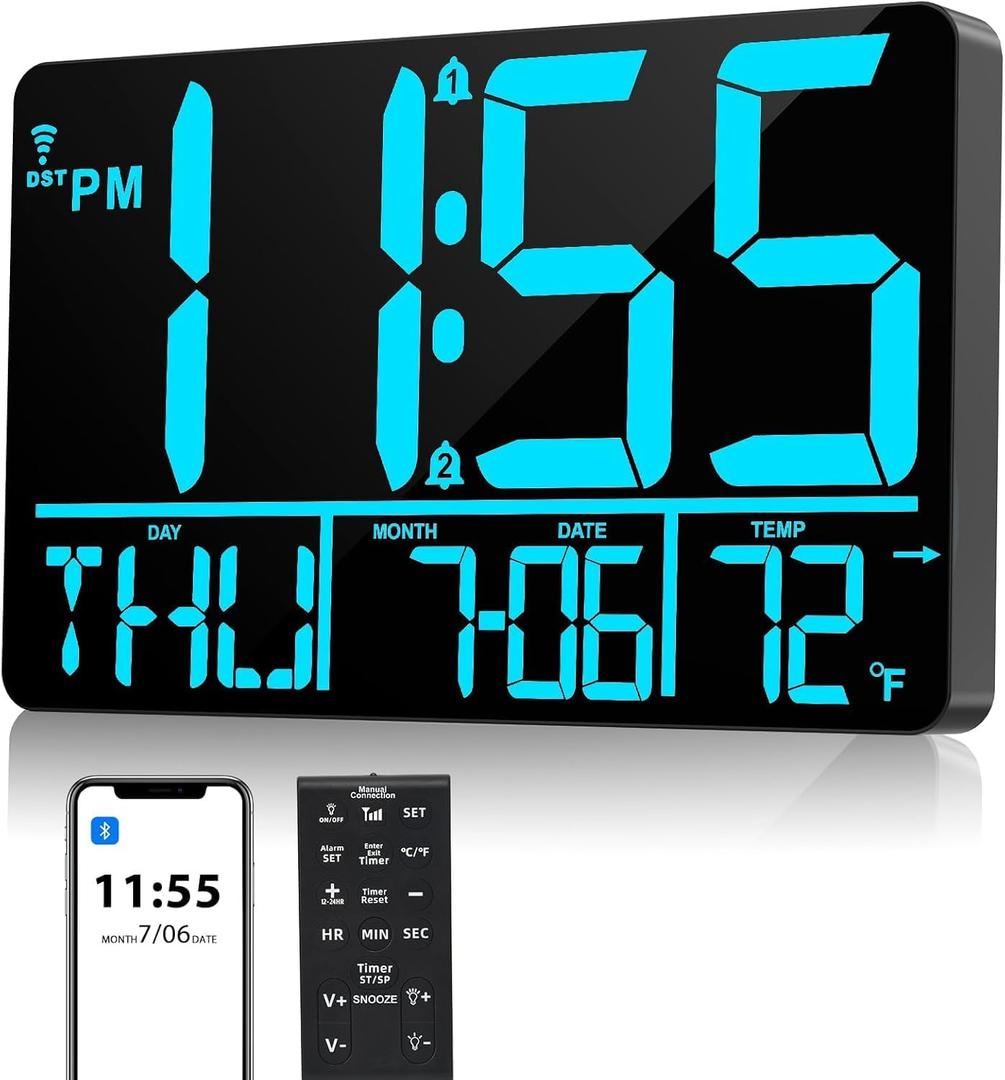 13" Bluetooth Auto Sync Wall Clock - Large Digital Alarm Clock with Remote, 25 Ringtones, Dual Alarm, Adjustable Brightness, 12/24H, Auto DST, for Living Room, Kitchen, Office, ElderlyBlue