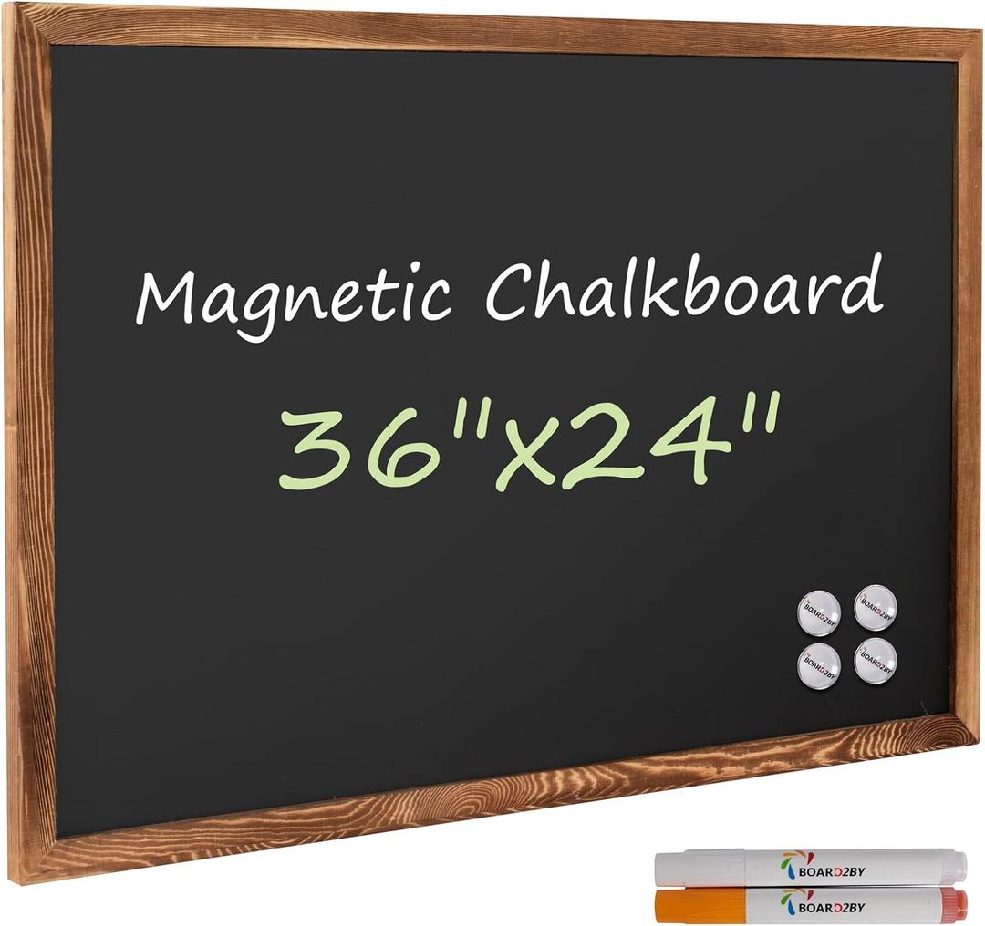 Board2by Rustic Wood Framed Magnetic Chalkboard 24 x 36, Large Hanging Chalk Board Sign for Kids, Non-Porous Wall Blackboard for Wedding Kitchen Restaurant Menu and Home with 4 Unique Magnets, Brown