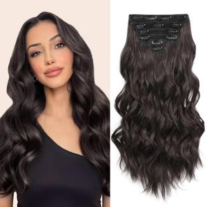 Clip in Hair Extensions, 6 PCS 16 Inch Hair Extensions Clip Ins, Dark Brown Long Wavy Hairpieces(16inch, 6pcs, Dark Brown)