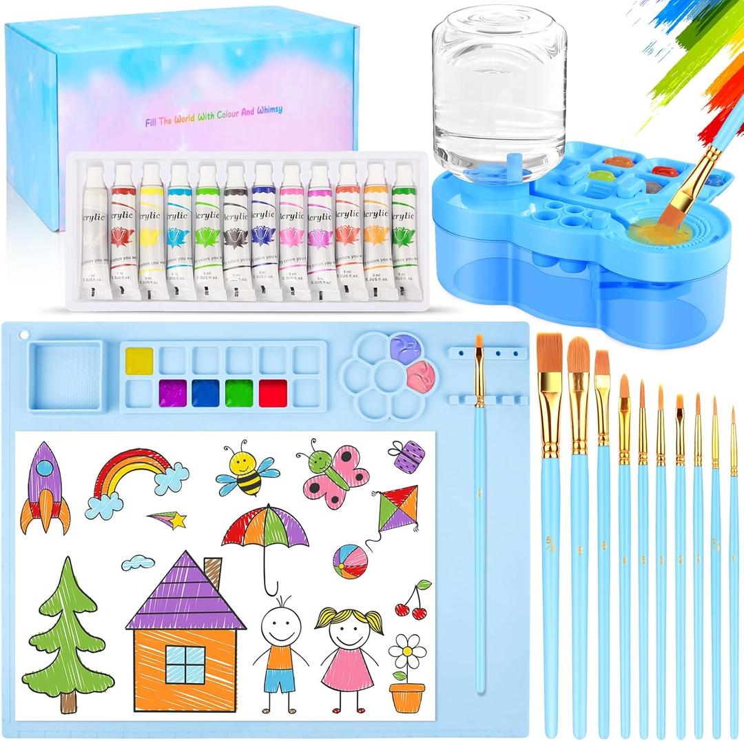 Art Painting Kits, Paint Station, Including Upgraded Paint Brush Cleaner, 20"X16" Silicone Painting Mat, 12 Colors Acrylic Paint Set and 10 Paint Brushes, Painting Supplies Kits(Blue)