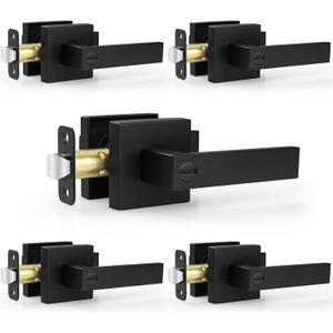 Estmoon 5 Pack Matte Black Door Handles Interior Door Knobs, Keyless Privacy Bedroom Door Lock, Heavy Duty Zinc Alloy Home Improvement Door Leverset for Bedrooms Bathrooms