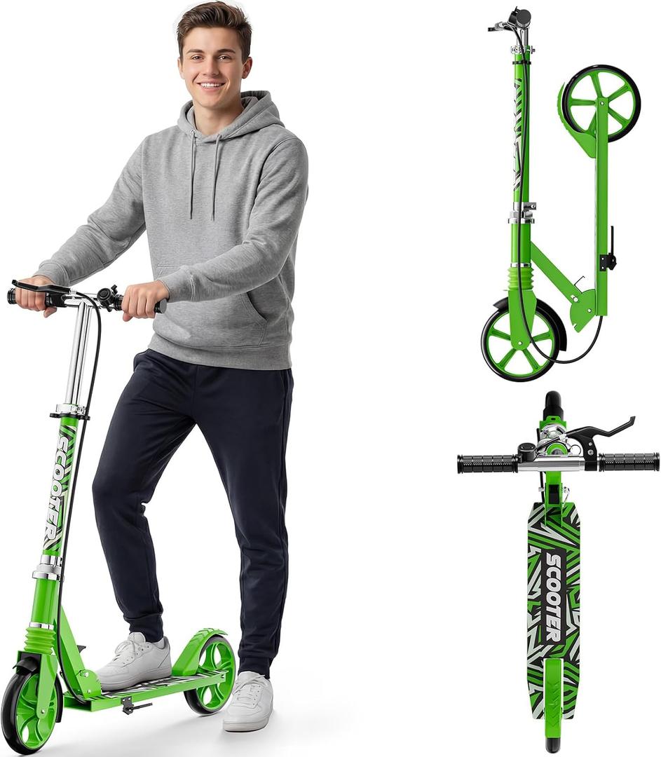 Scooters for Kids 8-12, Teens & Adults - Load 240 LBS, 8-Inch Wheels, Kick Scooter with Shock Absorption System, Hand Brake & Bell, 4 Adjustable Height Levels, Perfect for School, Commuting or Park