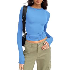 Women's Long Sleeve Crop Top Fitted Basic Tee Underscrub Y2K Shirt (Blue, L)