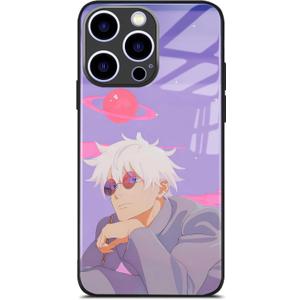 Anime Manga Phone Case for iPhone 17 Pro, Ultra-Slim 9H Tempered Glass Back, High-Definition Glossy Soft TPU Cover (Cute Satoru JJK)
