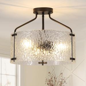 Semi Flush Mount Ceiling Light Fixture 16''Glass Chandelier Kitchen Lighting Fixtures Ceiling 3-Light Black Chandelier Hallway Light Fixture for Foyer Porch Bedroom Laundry Room