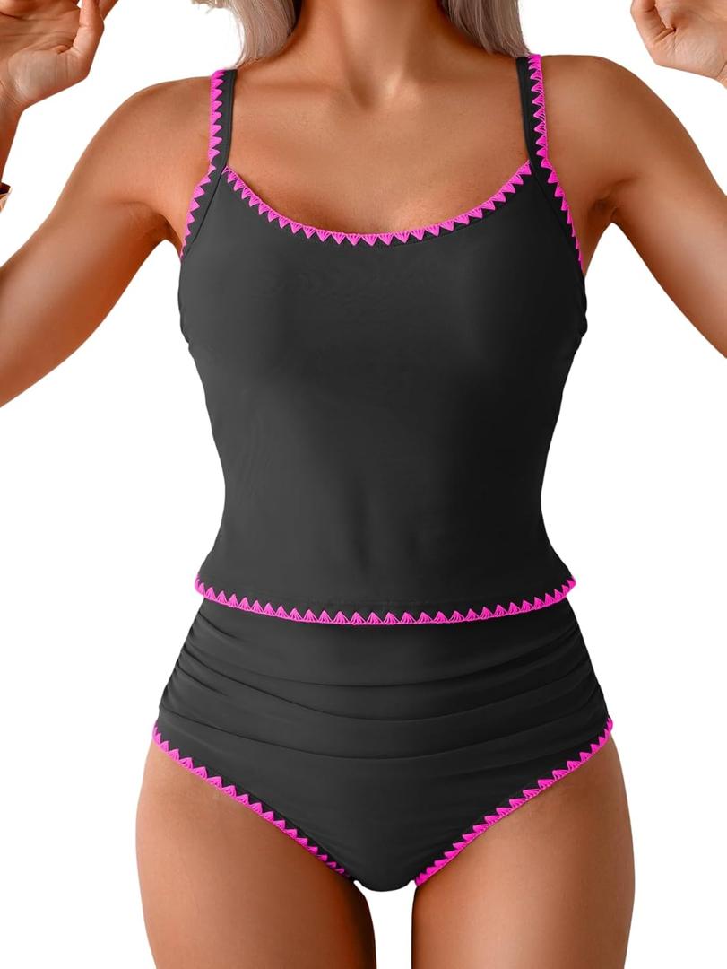 Eomenie Tankini Swimsuit for Women Tummy Control Ruched Two Piece Bathing Suits High Waisted Shell Stitch Swimwear (Medium, Black&hot Pink)