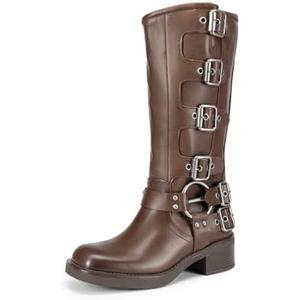 DREAM PAIRS Women's Knee High Riding Boots Side Zipper Motorcycle Boots Square Toe Chunky Heel Fashion Buckles Biker Boots, Size 9