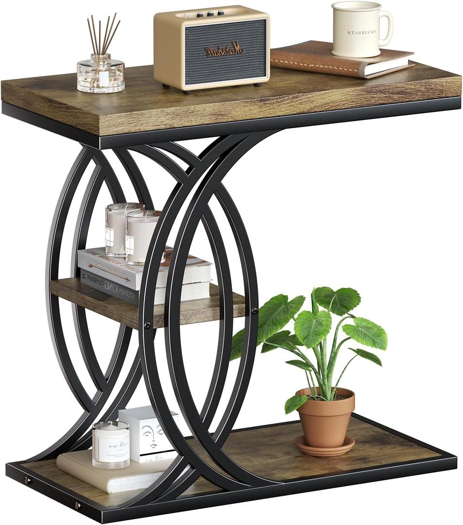 C Shaped End Table, Bed Side Table, 3-Tier Side Table with Metal Frame, Wood End Table with Storage for Living Room, Couch, Sofa, Bedroom, Easy Assembly, 23.6" D*11.8" W*23.6" H, Rustic Brown