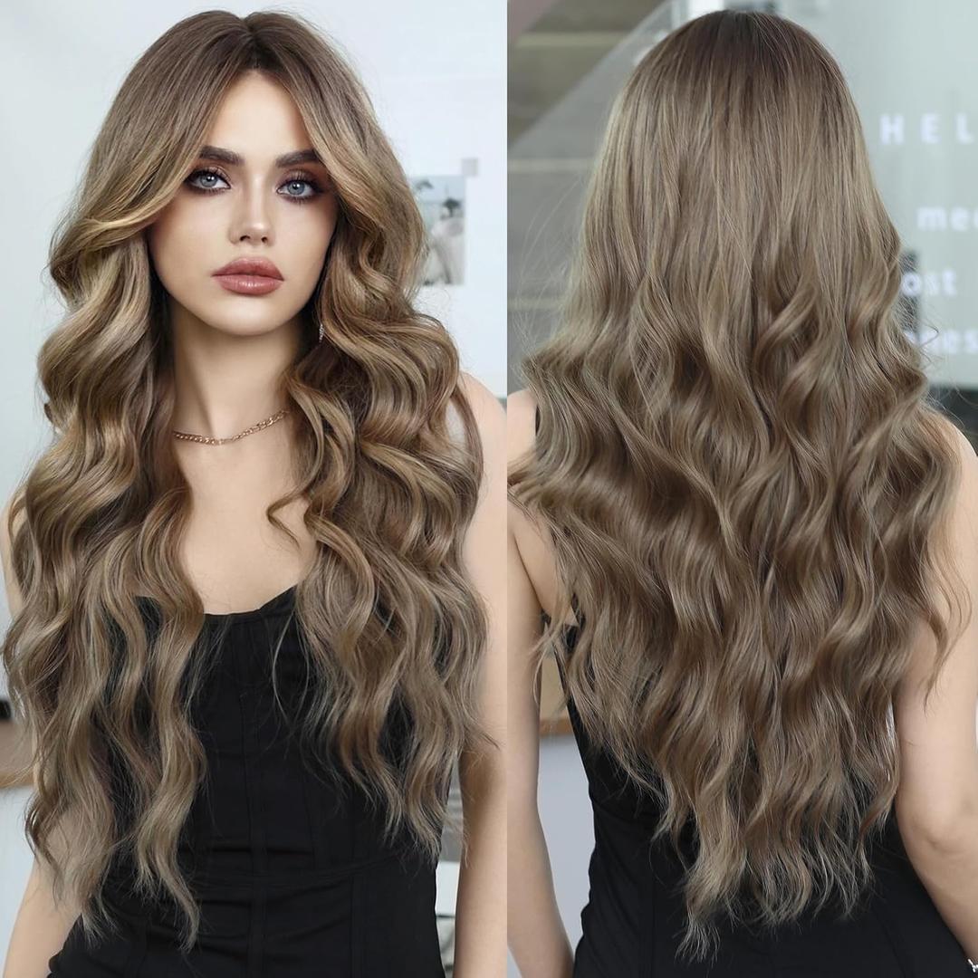 PARK YUN Long Wavy Light Brown Wigs With Bangs 26 Inch Ombre Dirty Blonde Curtain Bangs Synthetic Heat Resistant Wig With Dark Roots Natural Dark Blonde Brown Brunette Wigs For Women (26 Inch, Brown Blonde)