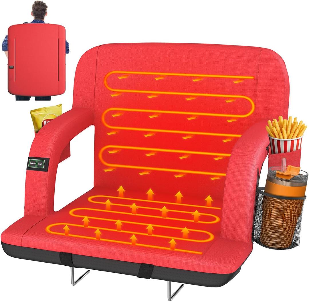 HOPERAN Dual-Sided Heated Stadium Seats for Bleachers with Back Support, 3 Levels Heating Stadium Seating for Bleachers Seat with Backrest, 5 Pockets Portable Stadium Chair for Outdoor, 25"
