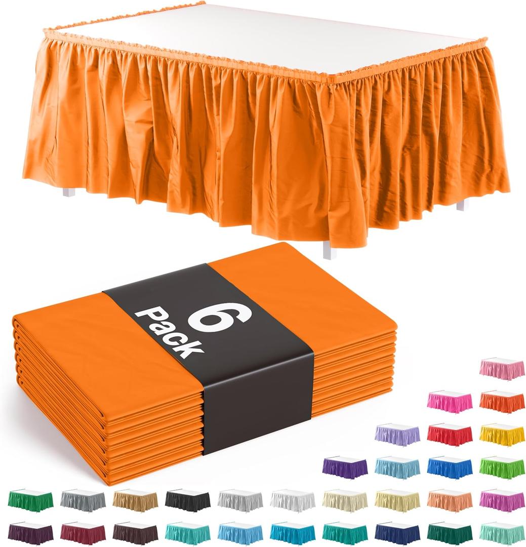 Exquisite Ruffle Table Skirt Orange 6 Pack 14 Ft Long Table Skirts for Rectangle Tables 6ft Plus or Round Tables Skirts with Adhesive Strip for Gender Reveal Decor & Happy Birthday Parties
