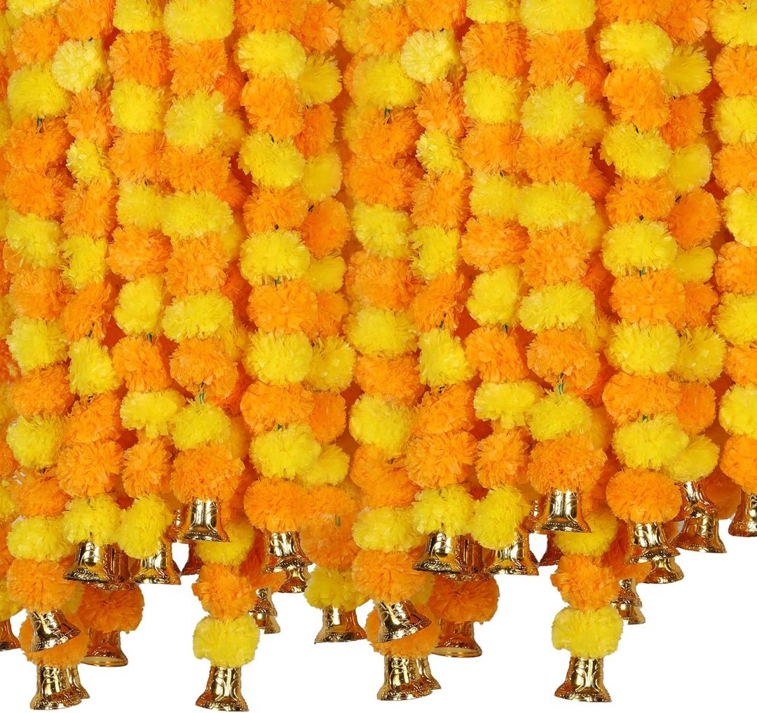 Marubhumi 5 PC 4.5 Feet Long Strands Artificial Marigold Flowers with Bell Garland for Diwali Decor, Garland for Decoration, Diwali Decorations for Home, Christmas Decor Wedding Decor (Yellow/Mango)