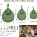3 Pack Boho Hanging Fruit Baskets,Woven Cotton Teardrop Wall Baskets,Green | Hanging Baskets for Kitchen Organizing,Produce Holder with Metal Hooks,Wall Fruit Vegetable Potato Onion Storage,3 Sizes