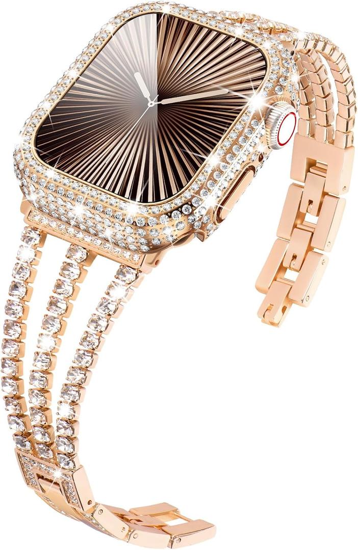 KADES Compatible for Apple Watch Band with Case Series 3 2 1, Sparkling Bling Diamond Bracelet with Full Diamonds Protective Bumper Built-in Tempered Glass Screen Protector (42mm, Rose Gold)