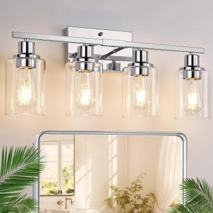 4 Light Bathroom Light Fixtures, Chrome Vanity Lights with Clear Glass Shades, Modern Bathroom Light Fixtures Over Mirror, Modern Bathroom Wall Lamp for Mirror Living Room Cabinet