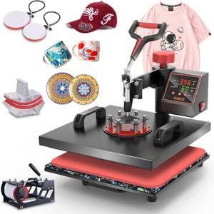 OIIEE Heat Press Machine 5 in 1 Combo Heat Press 15 x 15 Inch Heat Transfer Machine 360-Degree Swing Away Digital Shirt Printing Multi-function Heat Transfer Sublimation for T Shirts Mug Hat Plate Cap