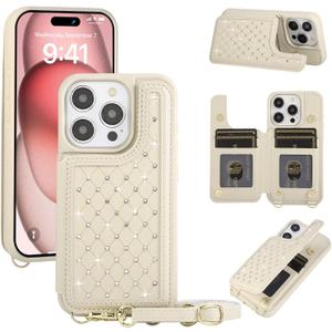 for iPhone 16 Pro Wallet Case with Card Holder Slots and Strap, RFID Blocking Magnetic Flip Folio Cover, Crossbody Purse Protection Case with Kickstand,Beige Diamond