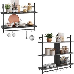 Bestier Floating Shelving Kitchen Wall-Mounted Shelf with 8 Hooks Coffee Bar Shelves Wine Hanging Display Rack Bookshelf Living Room Decor Bathroom-Charcoal Black