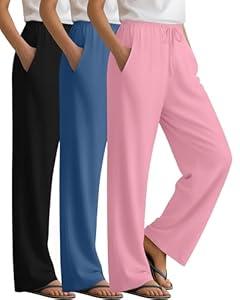 Sweetyweee 3 Pack Women's Lounge Pants Cozy Wide Leg Yoga Pants Casual Drawstring Loose Baggy Sweatpants with Pockets(Black, Denim Blue, Light Pink, Medium)