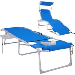 #WEJOY 4 in 1 Tanning Chair with Face Hole & Canopy & Side Table, 5 Positions Adjustable Folding Quick Dry Facedown Chaise Lounge with Pillow for Beach Poolside Outdoor Camping Patio (Darkblue)