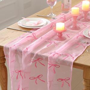 Tudomro Embroidery Pink Bow Tulle Table Runner 9.2 ft Coquette Pink Cheesecloth Table Runner 110 Inch Gauze Boho Dining Decor for Wedding Birthday Baby Shower Christmas Valentine's Home Decor