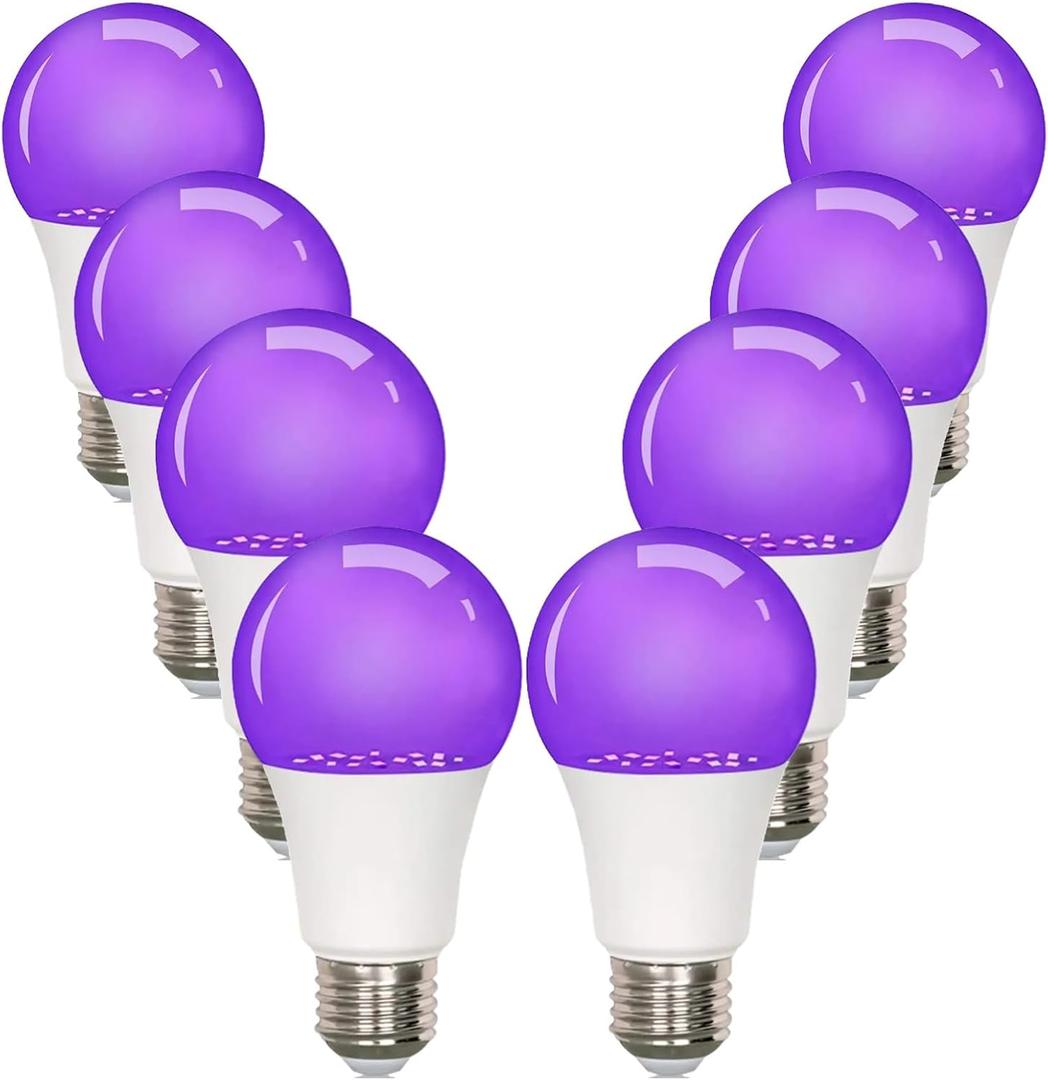 8-Pack LED Black Bulb, A19, UVA 385-400NM, 9W (100W Equivalent), E26 Head, Non-Dimmable, for Halloween Decorations, Glow Parties, Fluorescent Posters