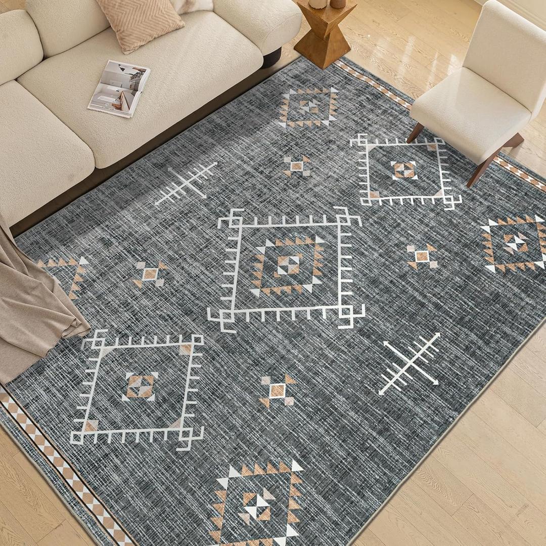 Area Rug 120'x95' for Living Room Bedroom Washable Moroccan Boho Rugs for High Traffic Area Non Slip & Non-Shedding Rugs Fade Resistant Carpet for Kitchen Office (Grey)