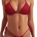 Women Two Piece Thong Bikini Set Sexy Halter Triangle Swimsuit String Brazilian Bathing Suits (Medium, Wine)