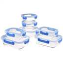 Amazon Basics Glass Food Storage Containers with Locking Lids, Set of 4, 8 pieces including lids, BPA-Free, clear with blue silicone ring