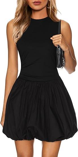 KIRUNDO Summer Bubble Dress for Women 2025 Casual Mini Spring Bodycon Cocktail Dresses Sleeveless Drop Waist Sundress Beach, Size M