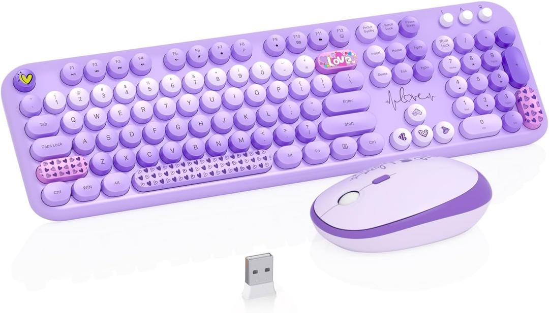 Wireless Keyboard and Mouse Combo, 104 Keys Cute Colorful Keyboard and Mouse with Retro Typewriter for PC/Mac/Laptop/Tablet/Computer/Windows Microsoft, Purple