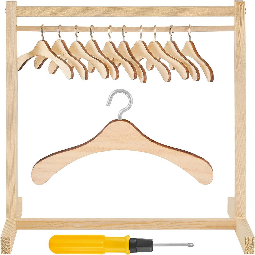 Civaner 11 Pcs Doll Garment Rack with Wooden Clothes Hanger for 18 Inch Girl Doll Clothes Mini Hangers Wardrobe Furniture Accessories for Dollhouse Baby Shower Supplies , Wood 
