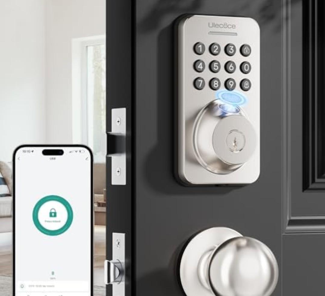Ulecoce Fingerprint Keypad Deadbolt with Handle Set, Keyless Entry Door Lock, Door Locks for Front Door Lock Set, App Control, Auto Locking, Easy to Install, Satin Nickel