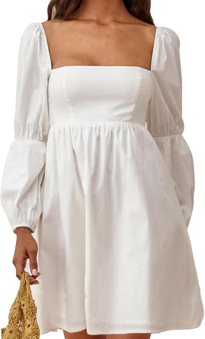 EXLURA Womens 2026 Square Neck Dress Long Puff Sleeve A-Line Casual Short Mini Dresses (White, M)
