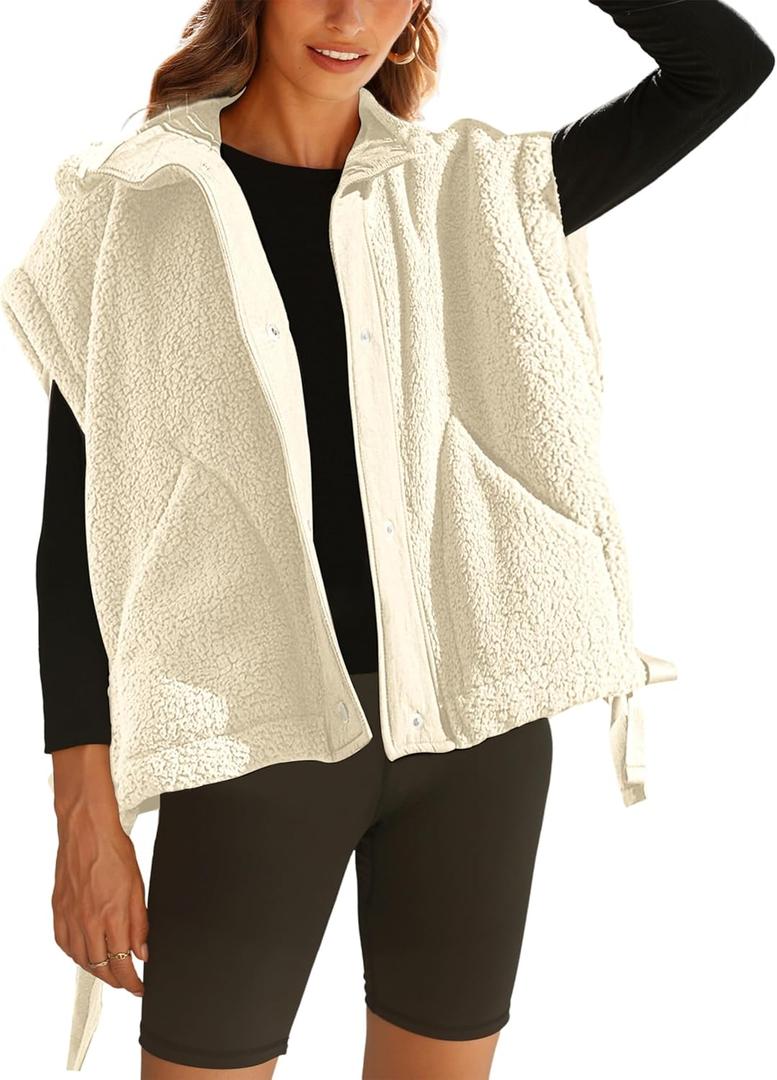 OPCAKM Women's Fuzzy Fleece Vest Oversized Sleeveless Sherpa Jacket Warm Button Down Gilet Outerwear with Pockets (Medium, Apricot)