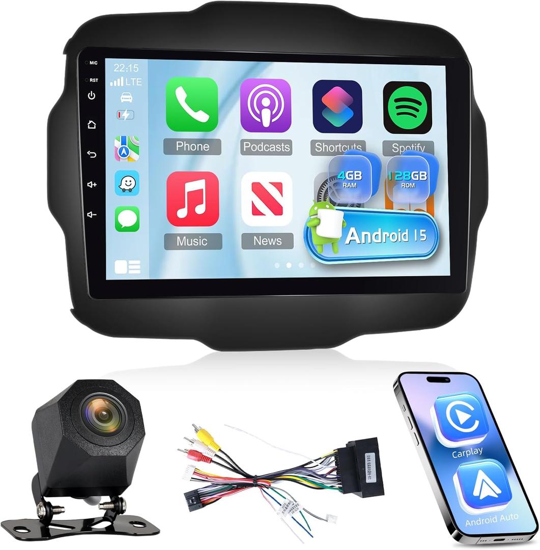 4G+128G Car Stereo for Jeep Renegade 2015 2016 2017 2018 2019 2020 - Wireless Carplay & Android Auto - 9 Inch Android 15 Touchscreen Radio with EQ/5GHz WiFi/GPS/SWC, AHD Rear View Camera