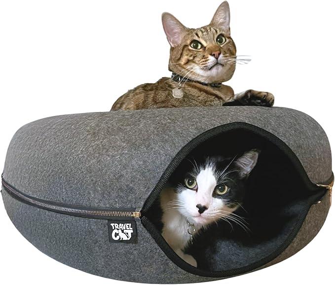 Travel Cat Tunnel Bed Cave - 21 Inch Large Premium Round Donut Cat Cave for Indoor Cats, Kitten - Detachable Cat Hideaway Cat Bed with Tunnel for Playing, Scratching, Sleeping