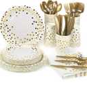 Lzerking Party Supplies Set - 280 Pieces of White and Gold Dot Paper Plates, Cups, Napkins, and Heavy Duty Silverware for 40 Guests for Birthdays, Graduation, Wedding, Festivals