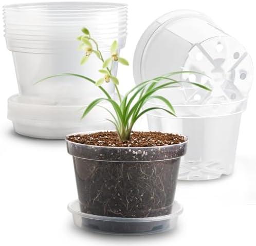 RooTrimmer 12 Pack 8 Inch Clear Plant Pots with Saucers, Transparent Plastic Nursery Pots with Drainage Hole, Sturdy Garden Planter Pots, Planting Starter Pots for Indoor Outdoor